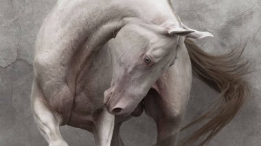 Cremello Akhal Teke aygır portresi dokulu eski bir duvara karşı.