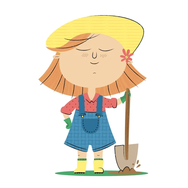 Niña de jardín agricultor con pala — Vector de stock