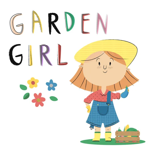 Садовая девушка-фермер с баклажанами Векторная Графика