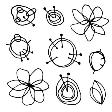 Güzel çiçek elementleri. Soyut çiçek şekilleri. Beyaz arka planda siyah. logolar, tasarım, kartpostallar, şablonlar, süsler için