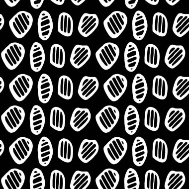 Soyut el, kusursuz desen çizmiş. Mürekkep izi. Soyut şekiller. Siyah üstüne beyaz. Basit bir doku. Skeç tarzı. Kumaşlar, ambalaj kağıtları, duvar kağıtları için