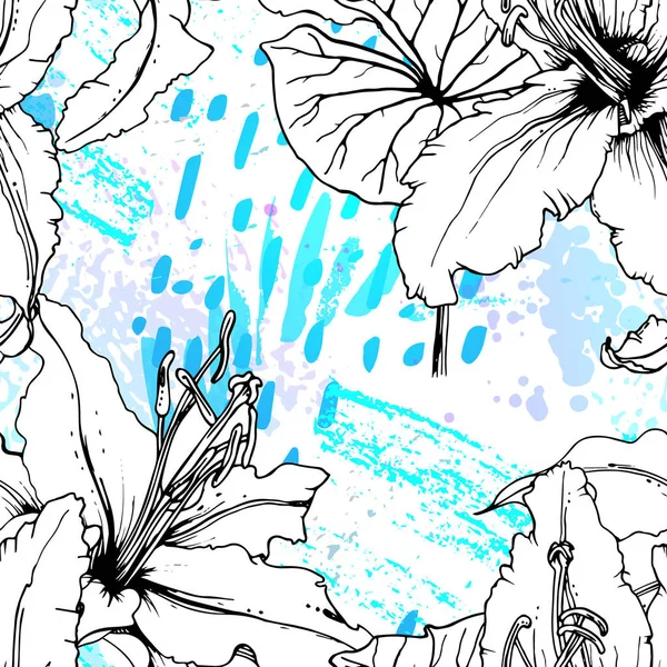 Bloemen Zwart met Wit Patroon. Blauwe artiest — Stockvector