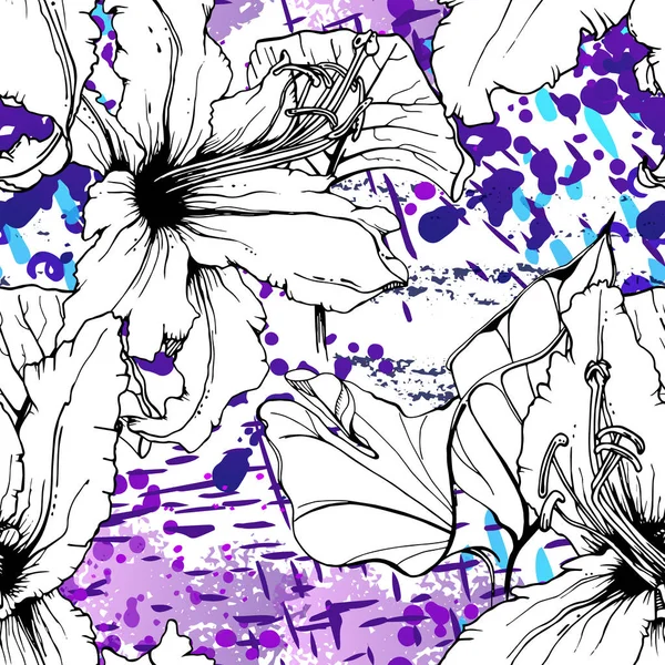 Florales Schwarz-Weiß-Muster. blau künstlerisch — Stockvektor