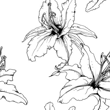 Çiçekli Siyah ve Beyaz Kusursuz Şablon. Grafiksel 