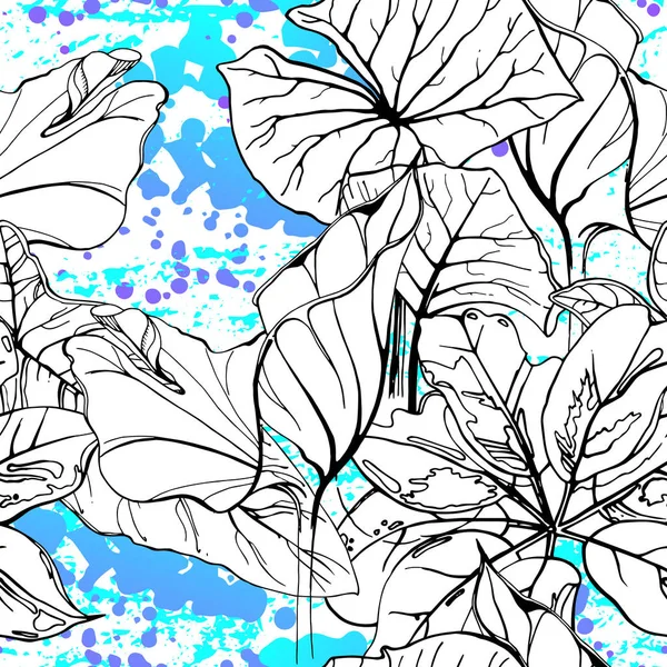 Floral Μαύρο και Λευκό Μοτίβο. Μπλε καλλιτεχνική — Διανυσματικό Αρχείο