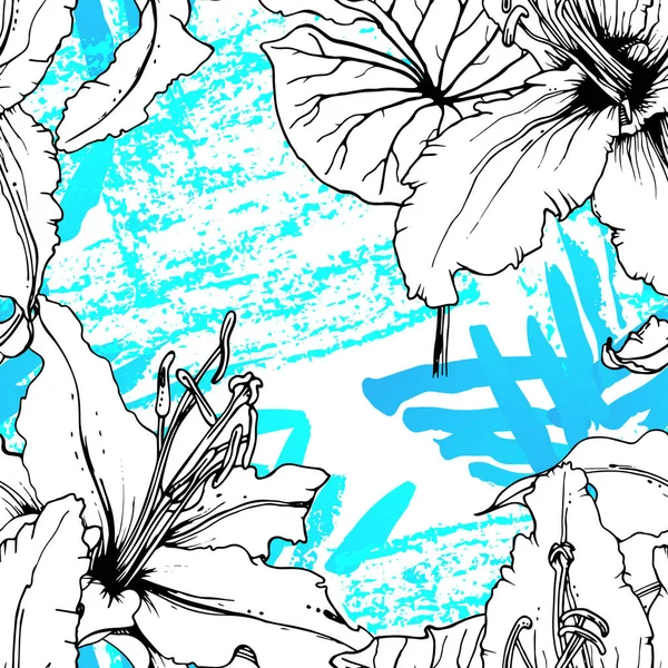 Bloemen Zwart met Wit Patroon. Blauwe artiest — Stockvector