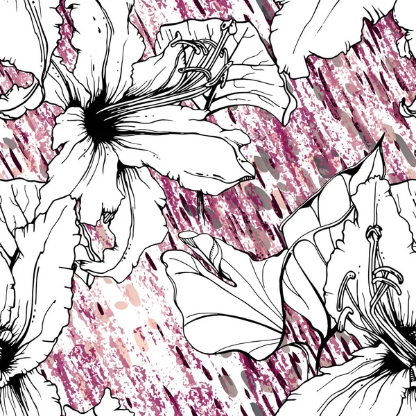 Blommigt svart och vitt mönster. Pink — Stock vektor