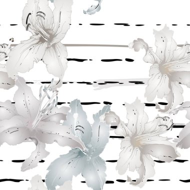 Çiçekli Siyah ve Beyaz Kusursuz Şablon. Çizgili