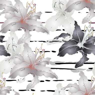 Çiçekli Siyah ve Beyaz Kusursuz Şablon. Çizgili