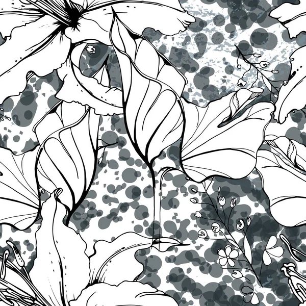 Floral Schwarz Weiß Muster. Moderne Aquarelle — Stockvektor