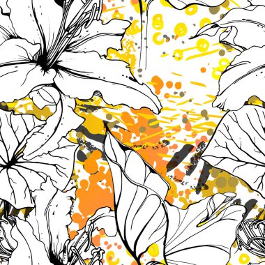 Çiçekli Siyah Beyaz Şablon. Modern Suluboya