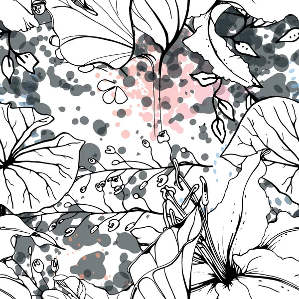 Czarny biały wzór kwiatowy. Nowoczesny akwarela — Wektor stockowy