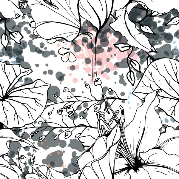 Patrón blanco negro floral. Acuarela moderna — Vector de stock