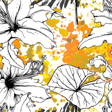 Çiçekli Siyah Beyaz Şablon. Modern Suluboya