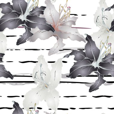 Çiçekli Siyah ve Beyaz Kusursuz Şablon. Çizgili