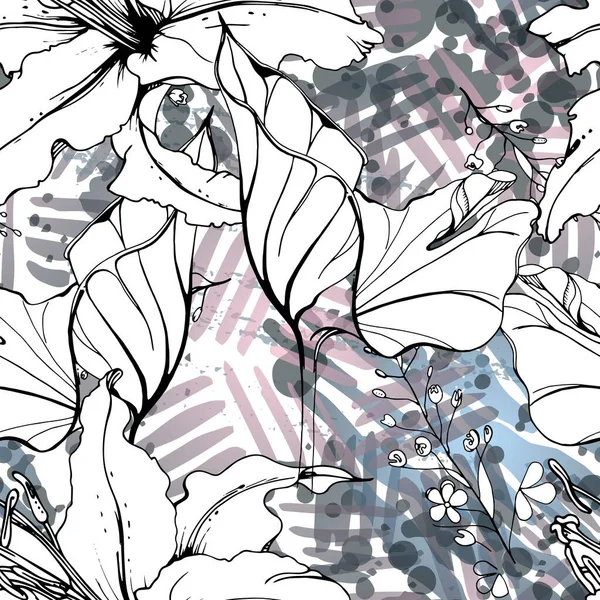 Patrón blanco negro floral. Acuarela moderna — Archivo Imágenes Vectoriales