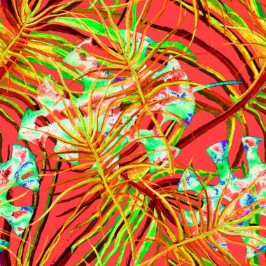 Tropik Yaprak. Kırmızı Modern Motif. Orman Yazdırma.