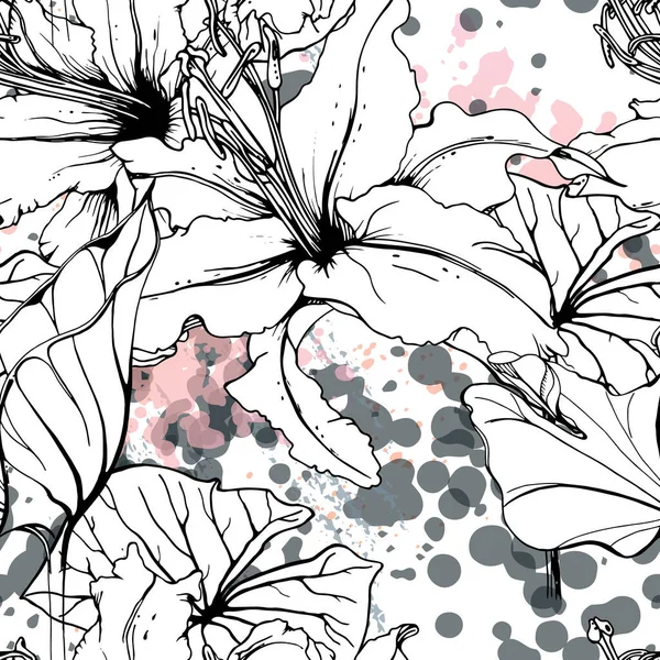 Floral Black White Pattern. Warna Air Modern - Stok Vektor