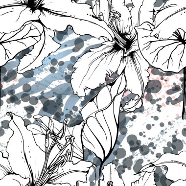 Çiçekli Siyah Beyaz Şablon. Modern Suluboya