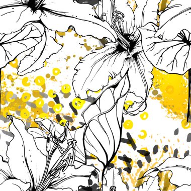 Çiçekli Siyah Beyaz Şablon. Modern Suluboya