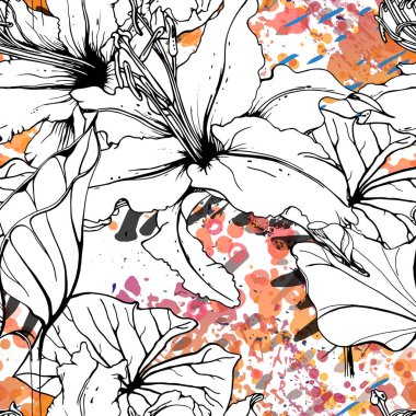 Çiçekli Siyah Beyaz Şablon. Modern Suluboya