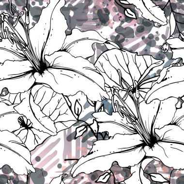 Çiçekli Siyah Beyaz Şablon. Modern Suluboya