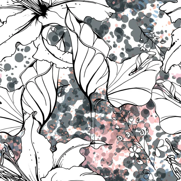 Motif Floral Noir Blanc. Aquarelle moderne — Image vectorielle