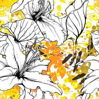 Çiçekli Siyah Beyaz Şablon. Modern Suluboya