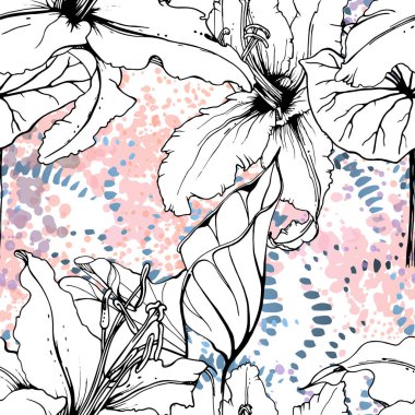 Çiçekli Siyah Beyaz Şablon. Modern Suluboya