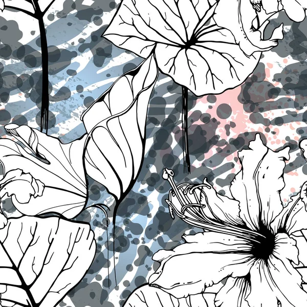 Floral Μαύρο Λευκό Μοτίβο. Σύγχρονη υδατογραφία — Διανυσματικό Αρχείο