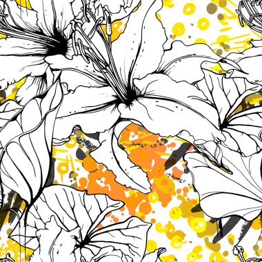 Çiçekli Siyah Beyaz Şablon. Modern Suluboya