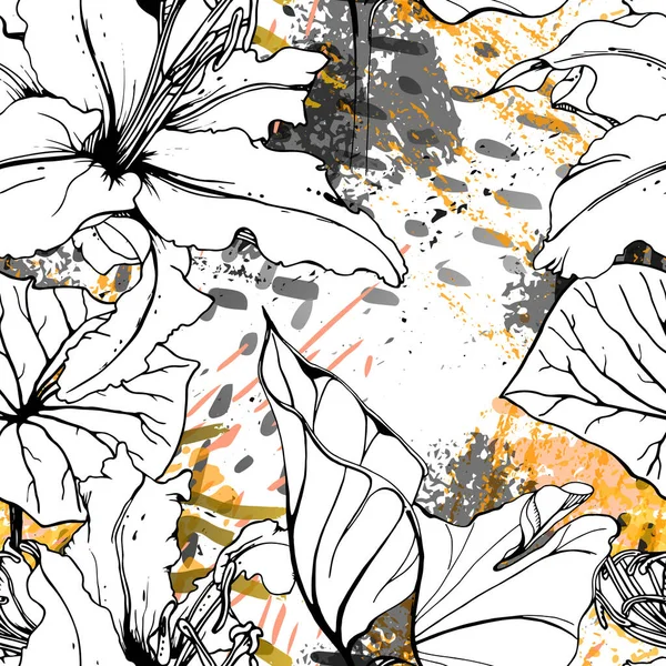 Floral Schwarz Weiß Muster. Moderne Aquarelle — Stockvektor