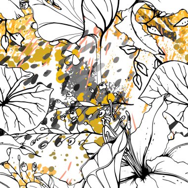 Çiçekli Siyah Beyaz Şablon. Modern Suluboya