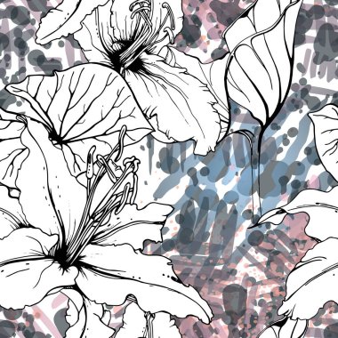 Çiçekli Siyah Beyaz Şablon. Modern Suluboya