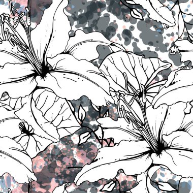 Çiçekli Siyah Beyaz Şablon. Modern Suluboya