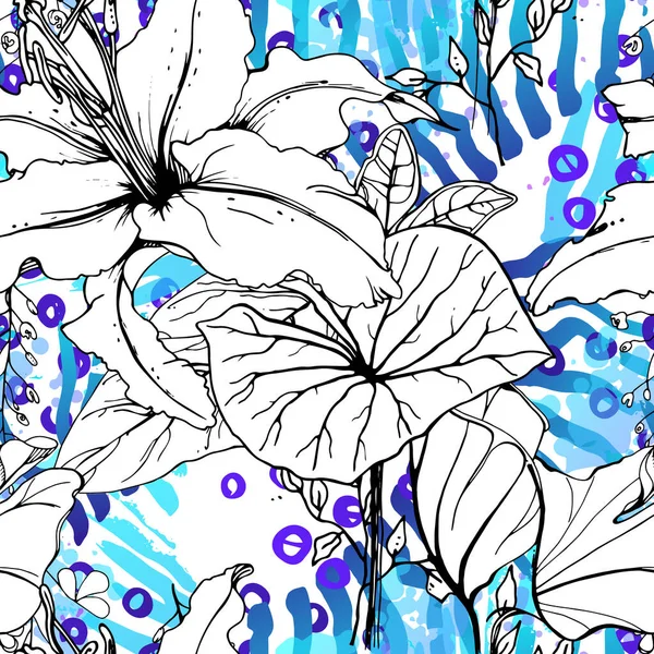 Patrón blanco negro floral. Acuarela moderna — Vector de stock