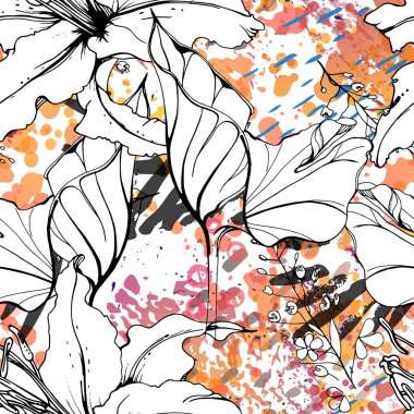 Çiçekli Siyah Beyaz Şablon. Modern Suluboya