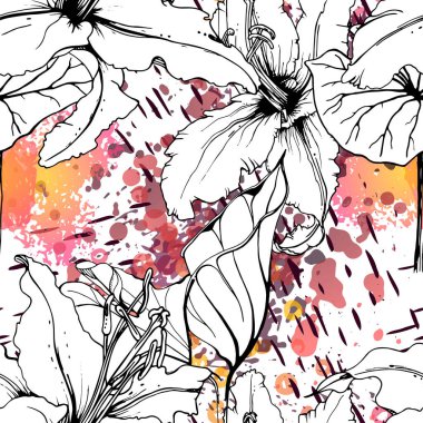 Çiçekli Siyah Beyaz Şablon. Modern Suluboya