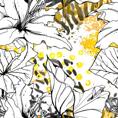 Çiçekli Siyah Beyaz Şablon. Modern Suluboya