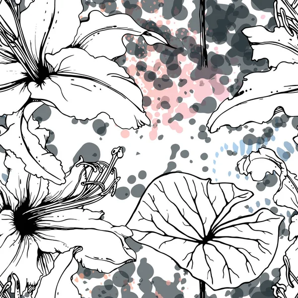 Patrón blanco negro floral. Acuarela moderna — Archivo Imágenes Vectoriales