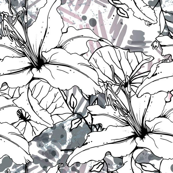 Floral Μαύρο Λευκό Μοτίβο. Σύγχρονη υδατογραφία — Διανυσματικό Αρχείο
