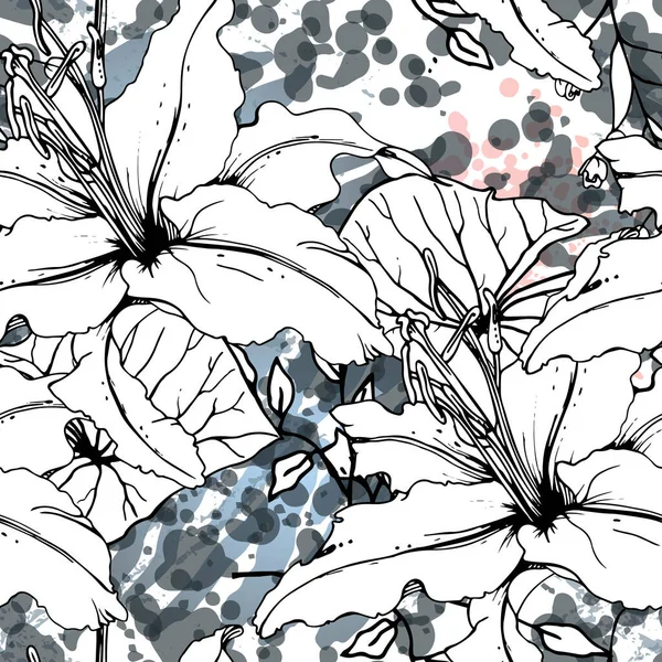 Цветочный чёрно-белый узор. Современная акварель — стоковый вектор
