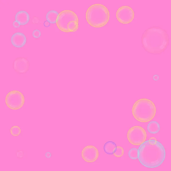 Des bulles de savon volent. Une affiche avec des bulles colorées. Concept de propreté. De la mousse de savon. Traitement beauté . — Image vectorielle