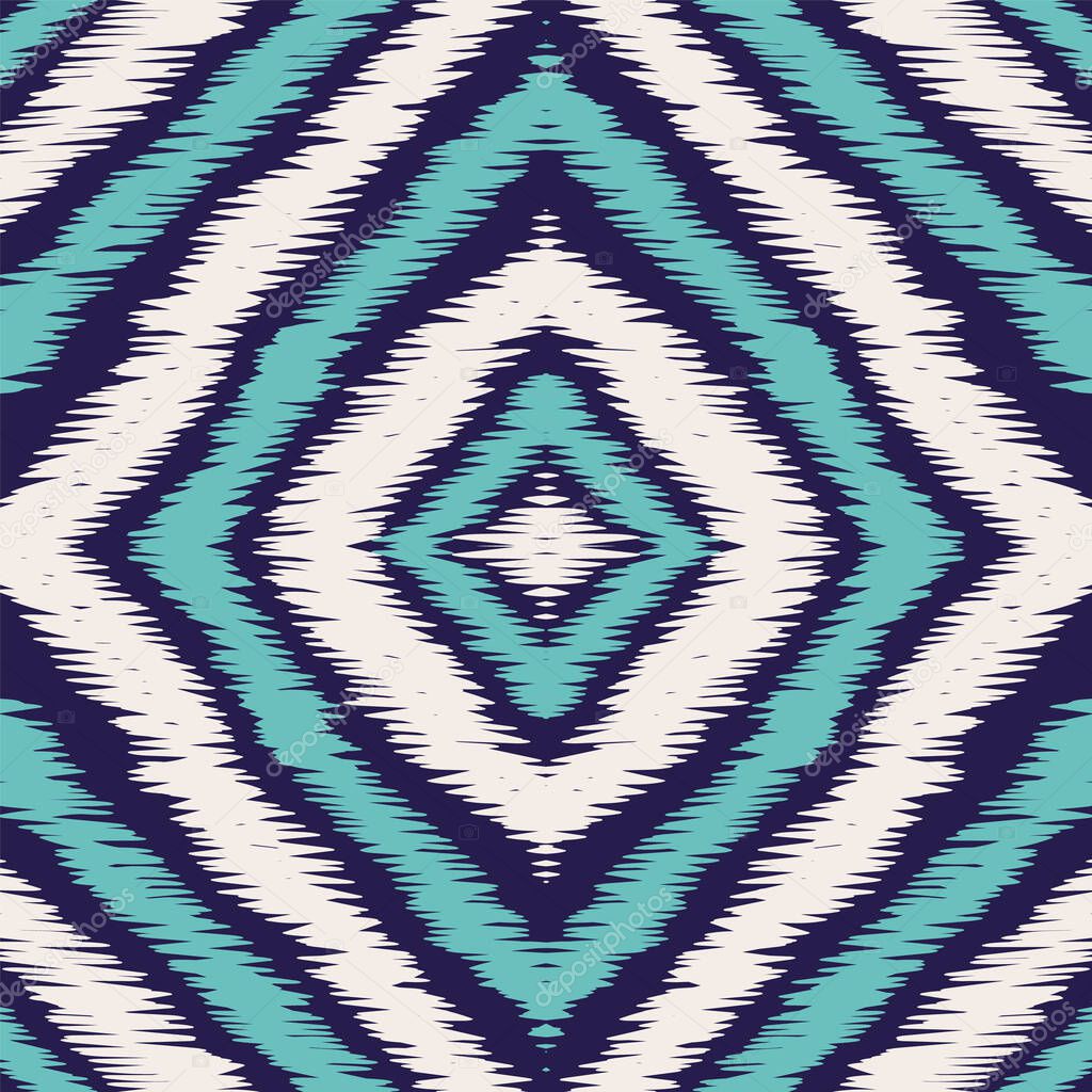 Blue Boho Carpet Vector Seamless Pattern. Bohemian Ikat Navajo Print. Japan Stripe Wallpaper. Blue Chevron Ethnic Vector Seamless Pattern