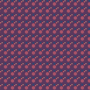 Kusursuz tekrarlayan desen: koyu arkaplanda mavi, kahverengi, kırmızı, sarı daireler.