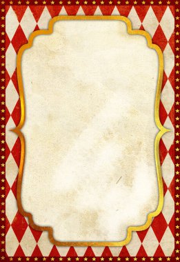 Eski bir sirk posterinin arka planında sirk posteri var. Lüks altın çerçeveli, soytarı kırmızı desenli ve yıldızlı sınırları olan eski bir poster. Eski tarz, festivaller, gösteriler, etkinlikler, doğum günü partileri, düğünler için kullanışlı.