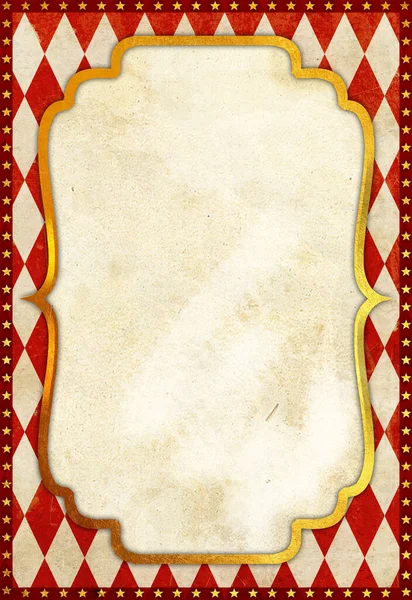 Eski bir sirk posterinin arka planında sirk posteri var. Lüks altın çerçeveli, soytarı kırmızı desenli ve yıldızlı sınırları olan eski bir poster. Eski tarz, festivaller, gösteriler, etkinlikler, doğum günü partileri, düğünler için kullanışlı.