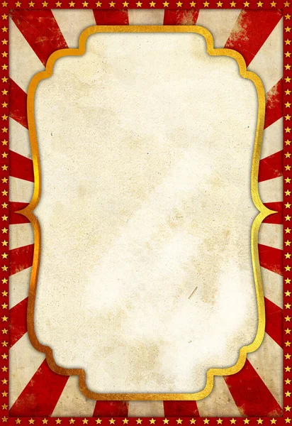 古色古香的马戏团海报空白背景 圆形海报 有一个古老的纸框 有华丽的金光闪闪的条纹 比红色的太阳光图案 星光斑斓的边框 完美的复古风格 适用于节日 生日宴会 — 图库照片#