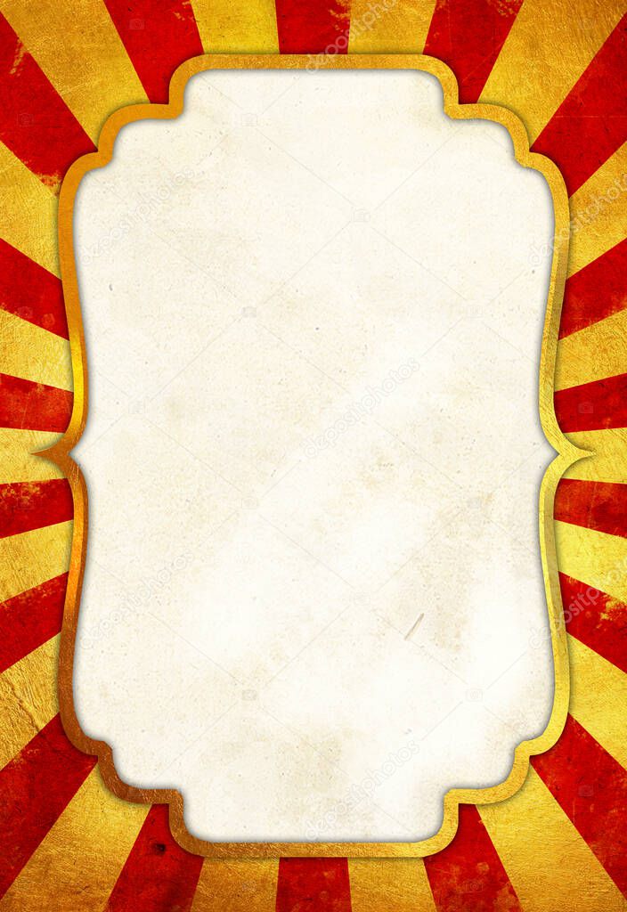 Vintage circus poster blank background - Circus poster with an old paper frame with luxury golden edge over a golden foil with red sunbeams pattern, in perfect retro style, useful for festivals, shows, events, birthday parties, weddings, theater