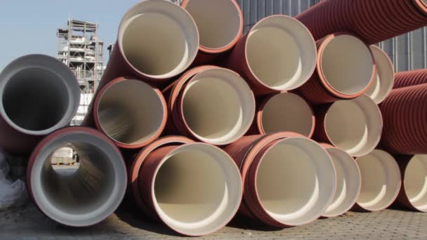 Warehouse Finished Plastic Pipes Industrial Outdoors Storage Site Manufacture Plastic — Stock Video